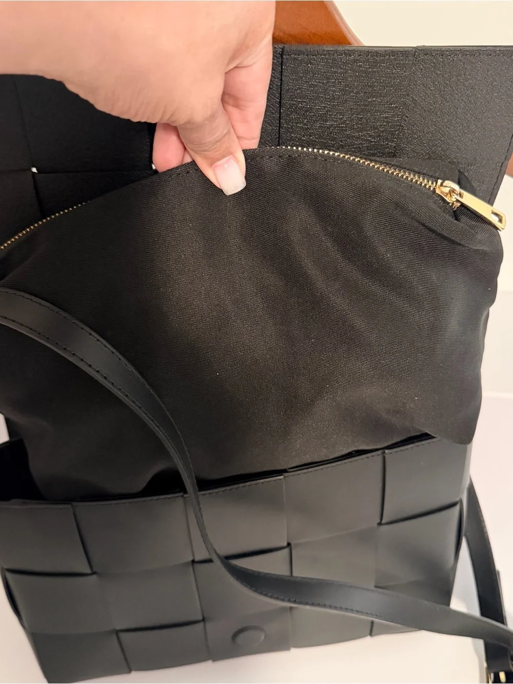 Black Woven Leather Messenger Bag for Men